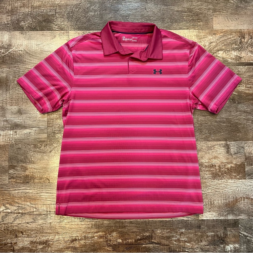 Under Armour Mens Pink Striped Loose Fit Heat Gear Polo Size Large